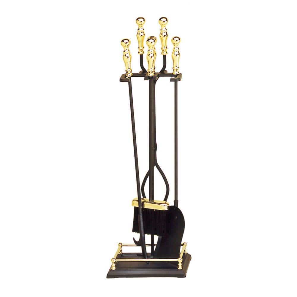 30.5 in. Tall 5-Piece Black and Polished Brass Oxford Fireplace Tool Set - Hercitys