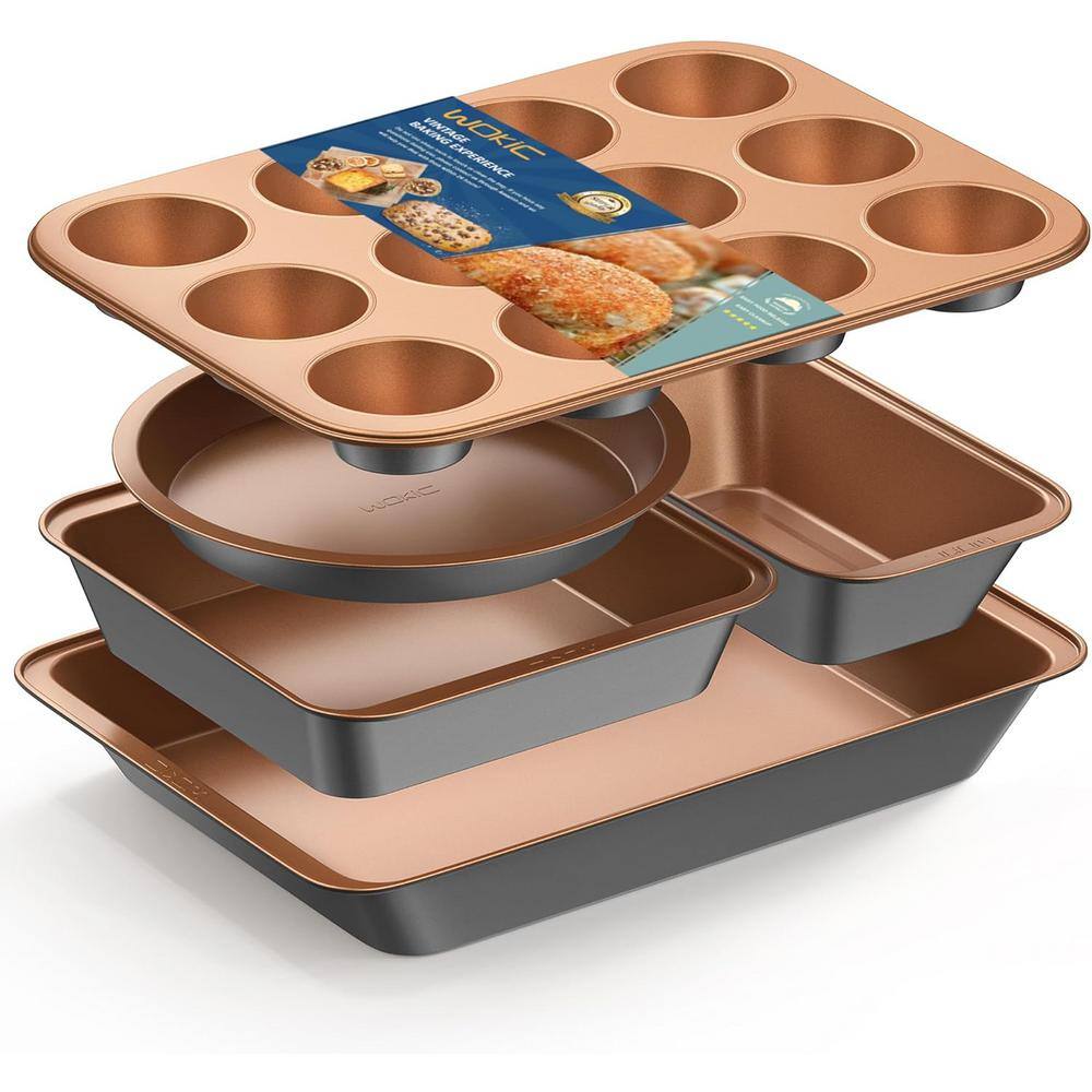 5-Piece Gold and Grey Nonstick Bakeware Set with Round Cake Pan, Square Cake Pan, Loaf Pan and Muffin Pan For Baking - Hercitys