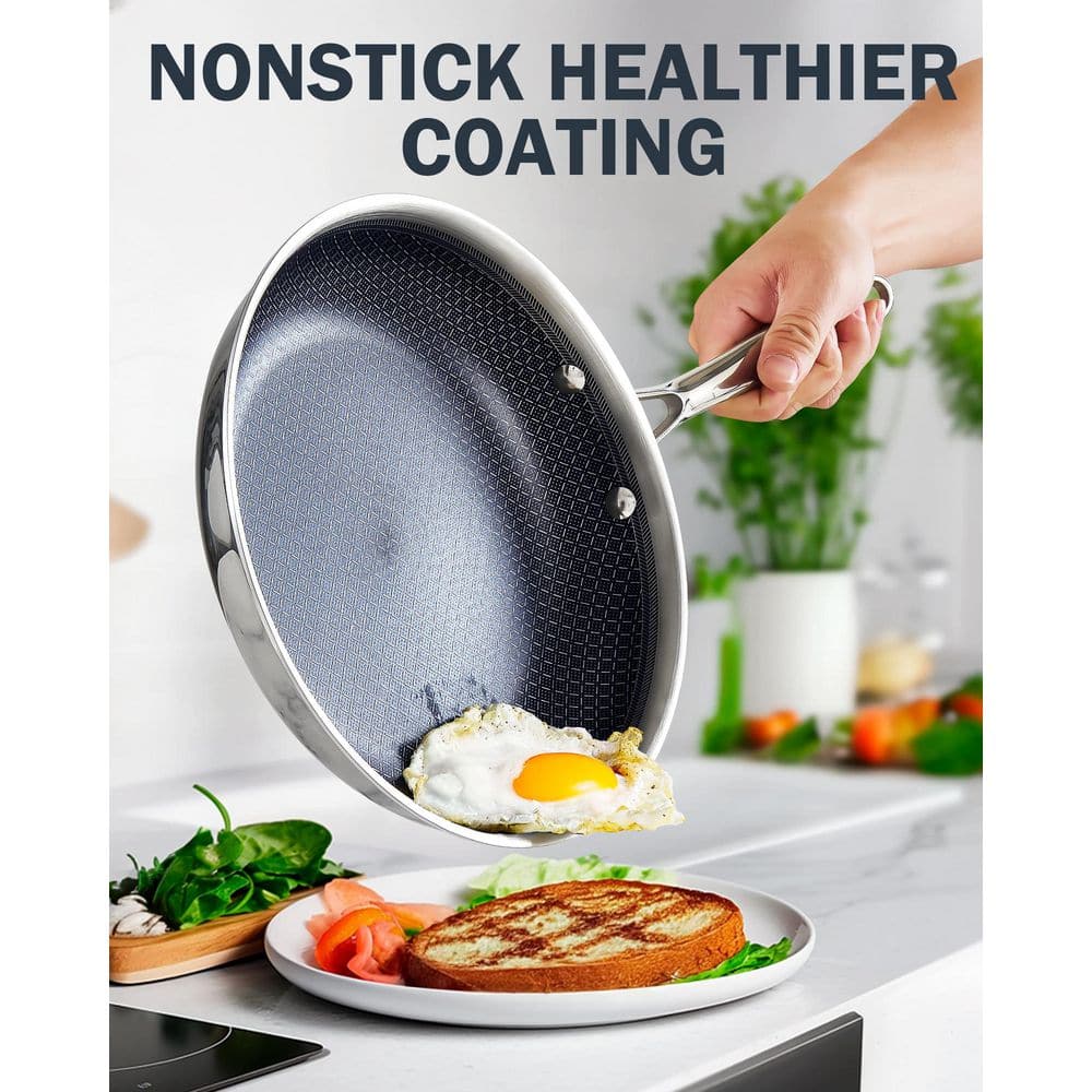 10-Inch Multi-Ply Clad Stainless Steel Hybrid Nonstick Frying Pan with Tempered Glass Lid - Hercitys