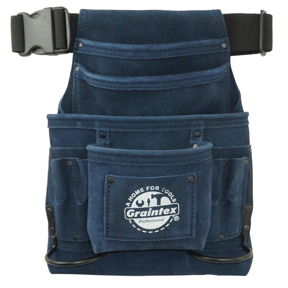 10-Pocket Nail and Tool Pouch in Navy Blue Suede Leather w/Belt and 2 Hammer Holders - Hercitys