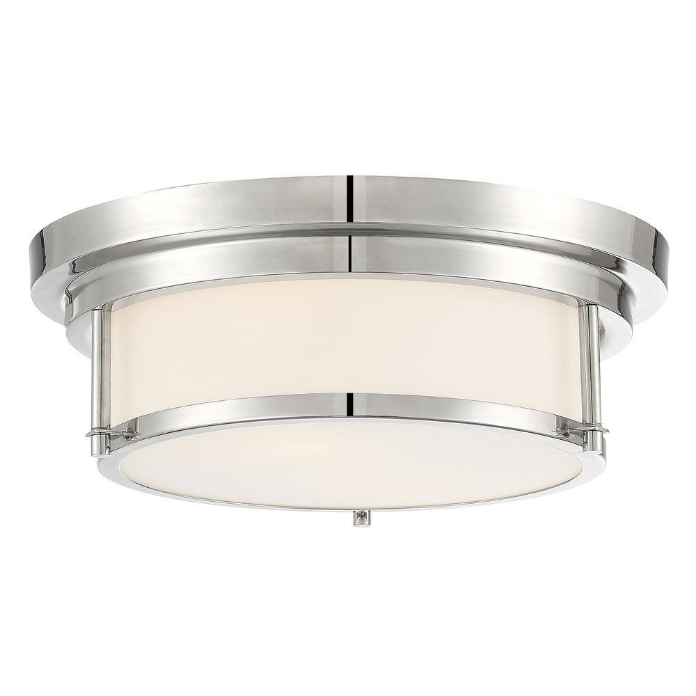 13 in. W x 4.5 in. H 2-Light Polished Nickel Flush Mount Light with White Glass Cylindrical Shade - Hercitys