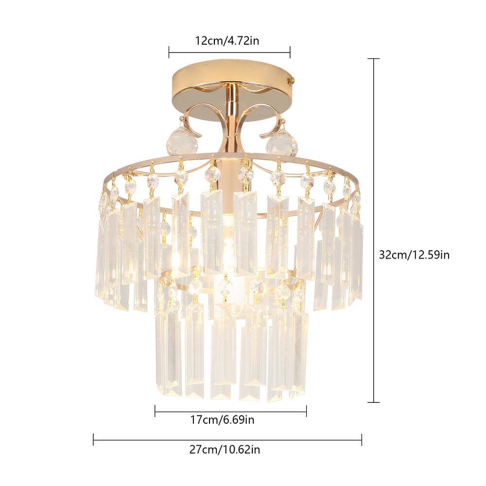 10.62 in. 1 Light Gold Modern Round Semi-Flush Mount Ceiling Light with Clear Crystal Shade and No Bulbs Included - Hercitys