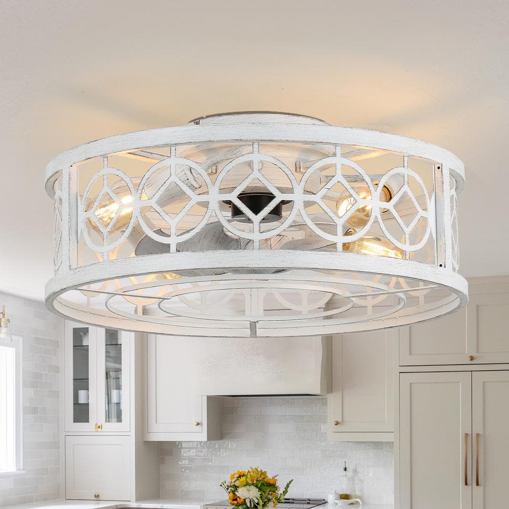 12 in. Span 20 in. Farmhouse Indoor Distressed White Ceiling Fan with Lights, Rustic Flush Mount Fan Lights w/Remote - Hercitys