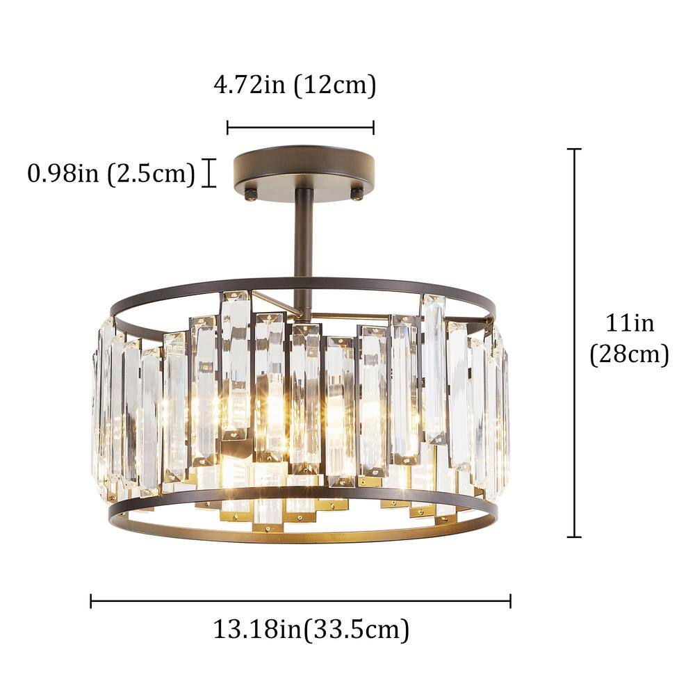 13 in. Modern 3-Light Black Semi-Flush Mount Ceiling Hanging Light with Glass Shade - Hercitys