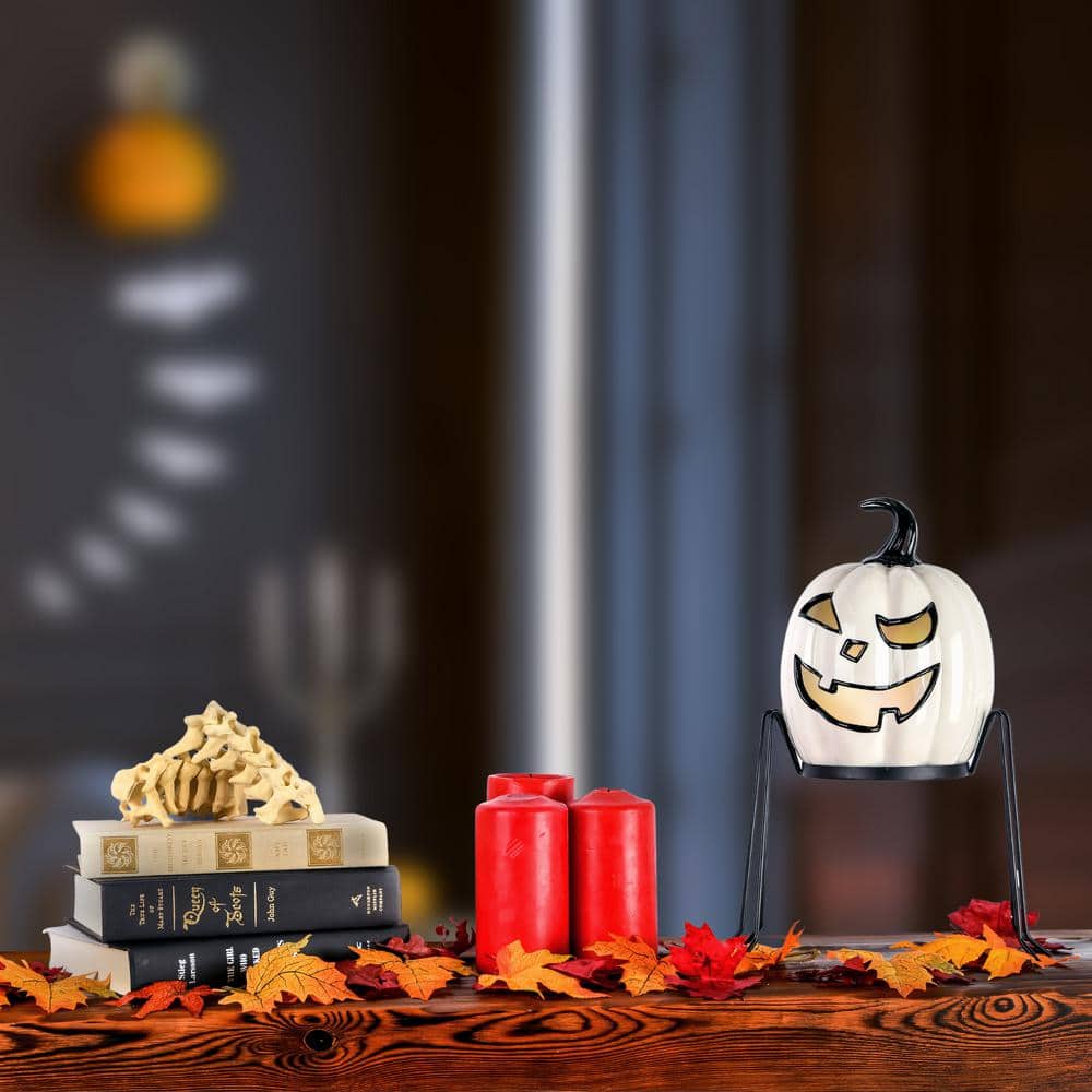 15 in. Battery Operated Pre-Lit Ghost Pumpkin in Stand - Hercitys