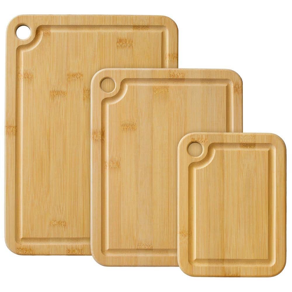 3-Piece Natural Wood Bamboo Tool Cutting Board Set w/ Juice Grooves, Large, Medium & Small Assorted Sizes for Kitchen - Hercitys