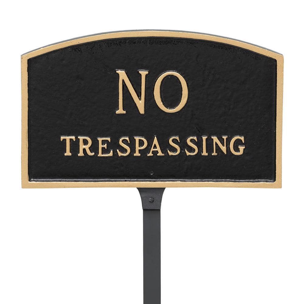 5.5 in. x 9 in. Small Arch No Trespassing Statement Plaque Sign with 23 in. Lawn Stakes Black/Gold - Hercitys