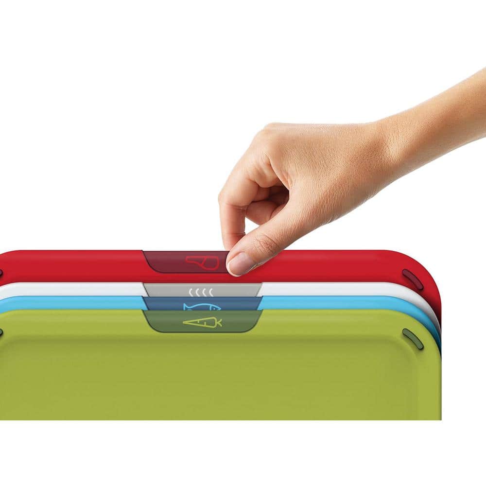 4-Piece Color Coded Polypropylene Cutting Board Set with Storage Stand for Meat, Fish, Veggies and Cooked Foods - Hercitys