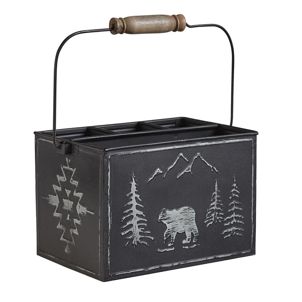 10 in. H x 8 in. W x 5.5 in. D Black Bear Rustic Metal Utensil Caddy - Hercitys