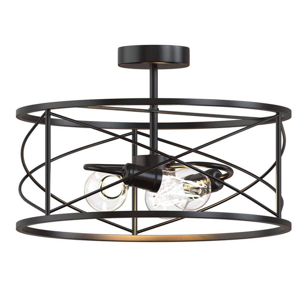 3-Light Matte Black Farmhouse Semi-Flush Mount Ceiling Light, Retro Industrial Drum Cage Light for Foyer, Living Room - Hercitys
