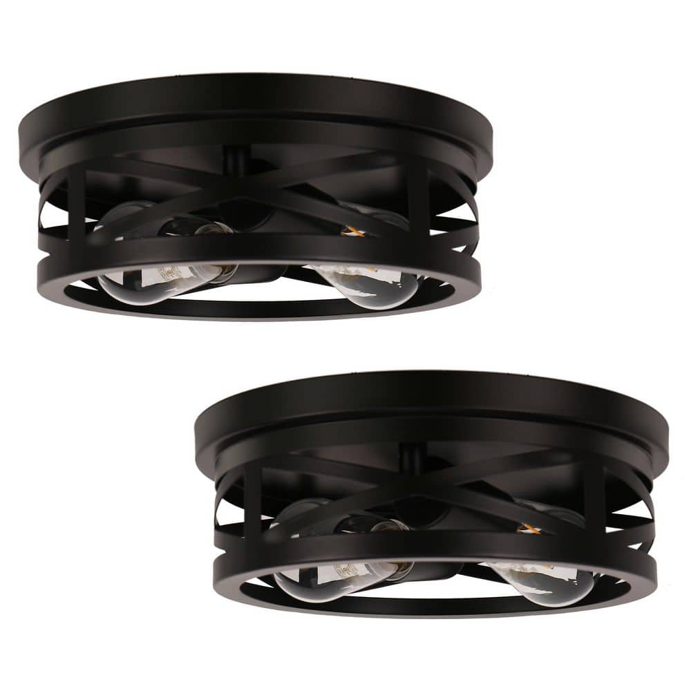 11 in. Black Industrial Metal Frame Flush Mount Ceiling Light with Drum Metal Cage Shade E26 Base (Bulbs Not Included) - Hercitys