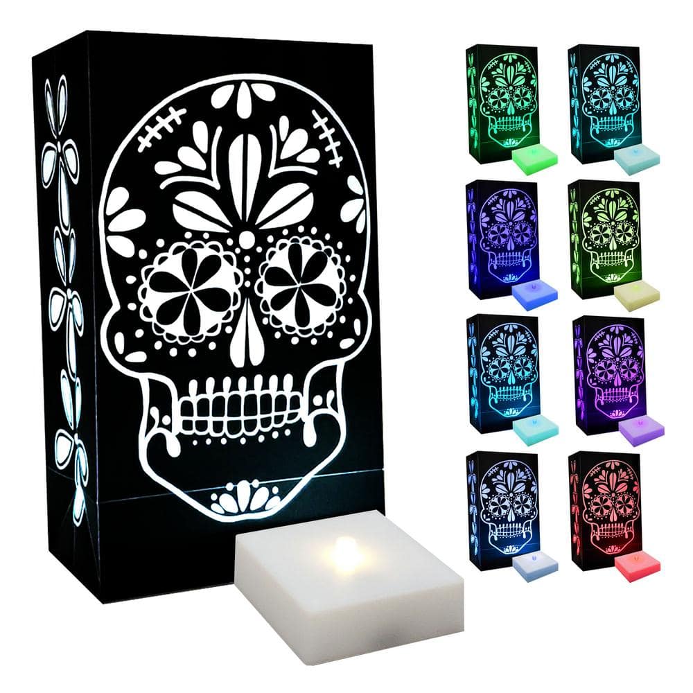 10 in. LED Battery Operated LumaLite Luminaria Kit- Color Changing Sugar Skull Halloween Pathway Lights (6-Count) - Hercitys