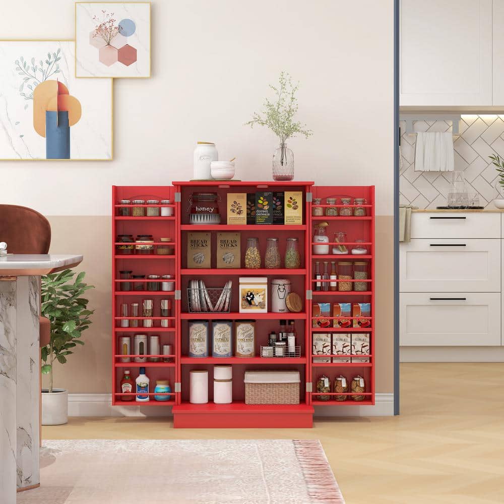 41 in. Wood Pantry Organizer with 5-Tier Shelving and Adjustable Shelves in Red - Hercitys
