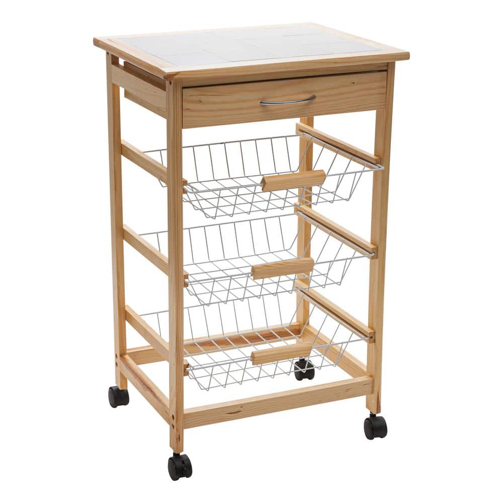 3 Tier Pinewood Basket and Drawer Kitchen Cart - Hercitys