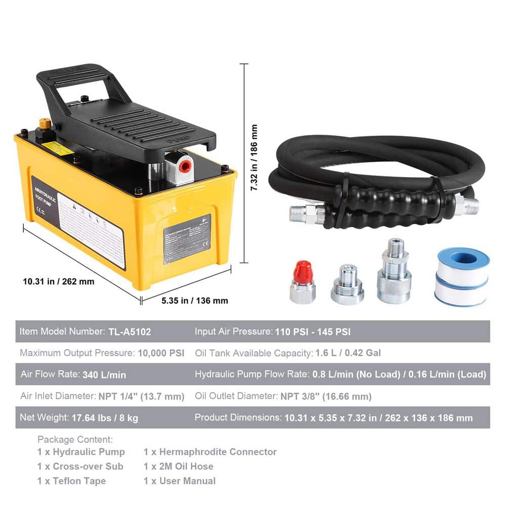 10,000PSI Air Hydraulic Pump, 0.42 Gal. Reservoir, NPT 3/8 In. Oil Outlet, NPT 1/4 In. Inlet, Aluminum Shell Foot Pump - Hercitys