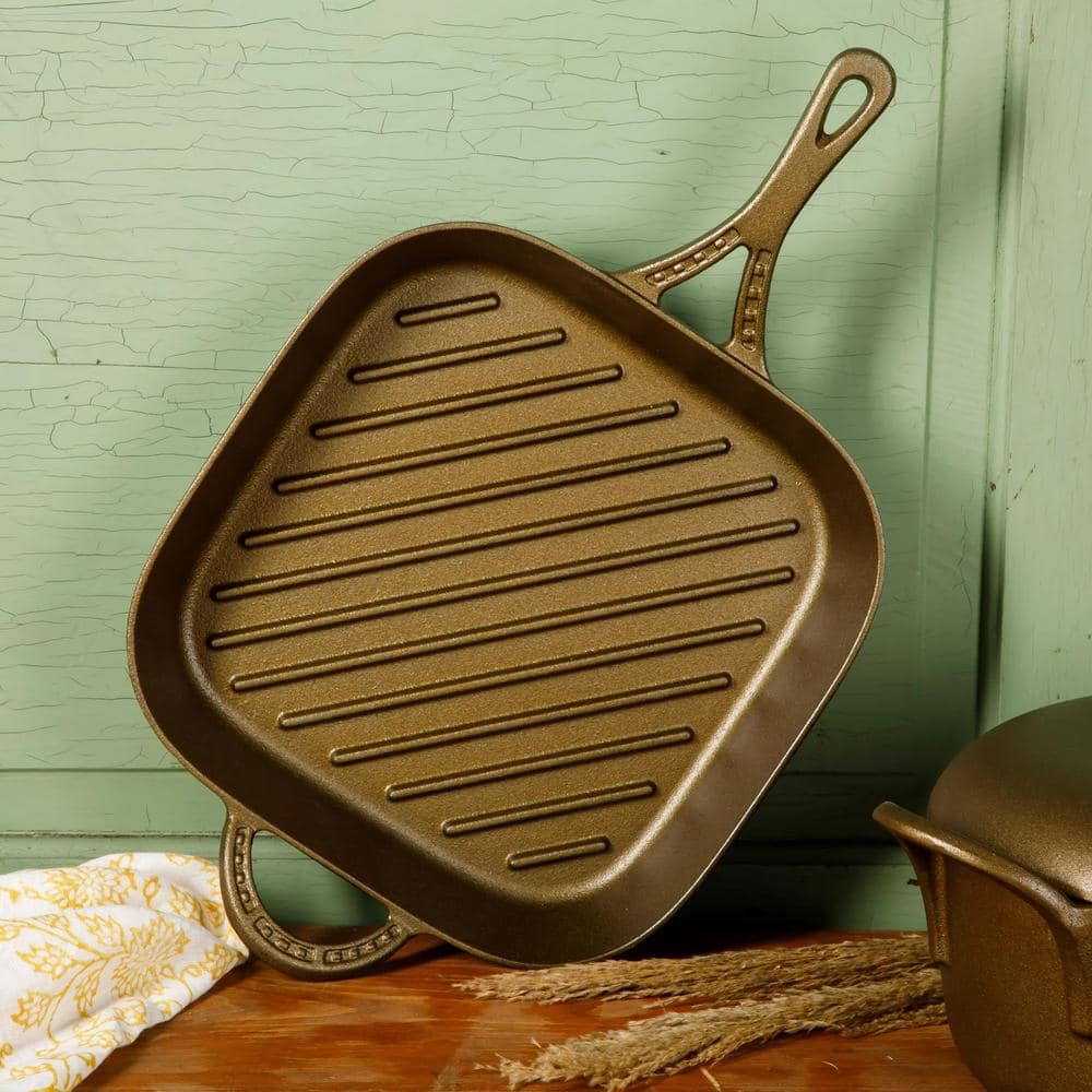 11 in. Cast Iron Pre-Seasoned Square Grill Pan in Bronze - Hercitys