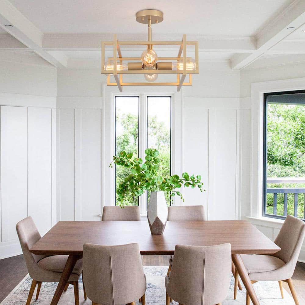 14.96 in. 4-Light Geometric Gold Modern Semi-Flush Mount Ceiling Light with No Bulbs Included - Hercitys