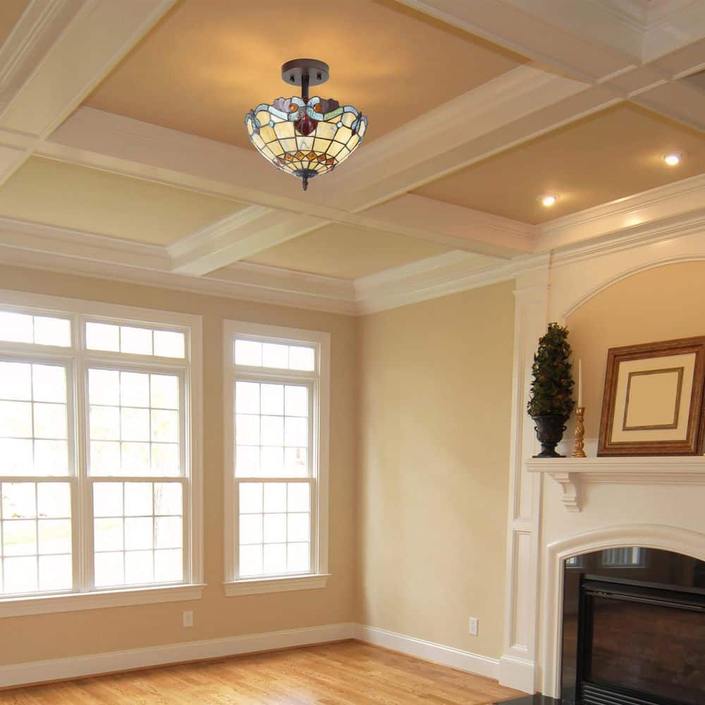 13 in. Tiffany Stained Glass Semi-Flush Mount Ceiling Light with Red and Amber Bowl Shade - Hercitys