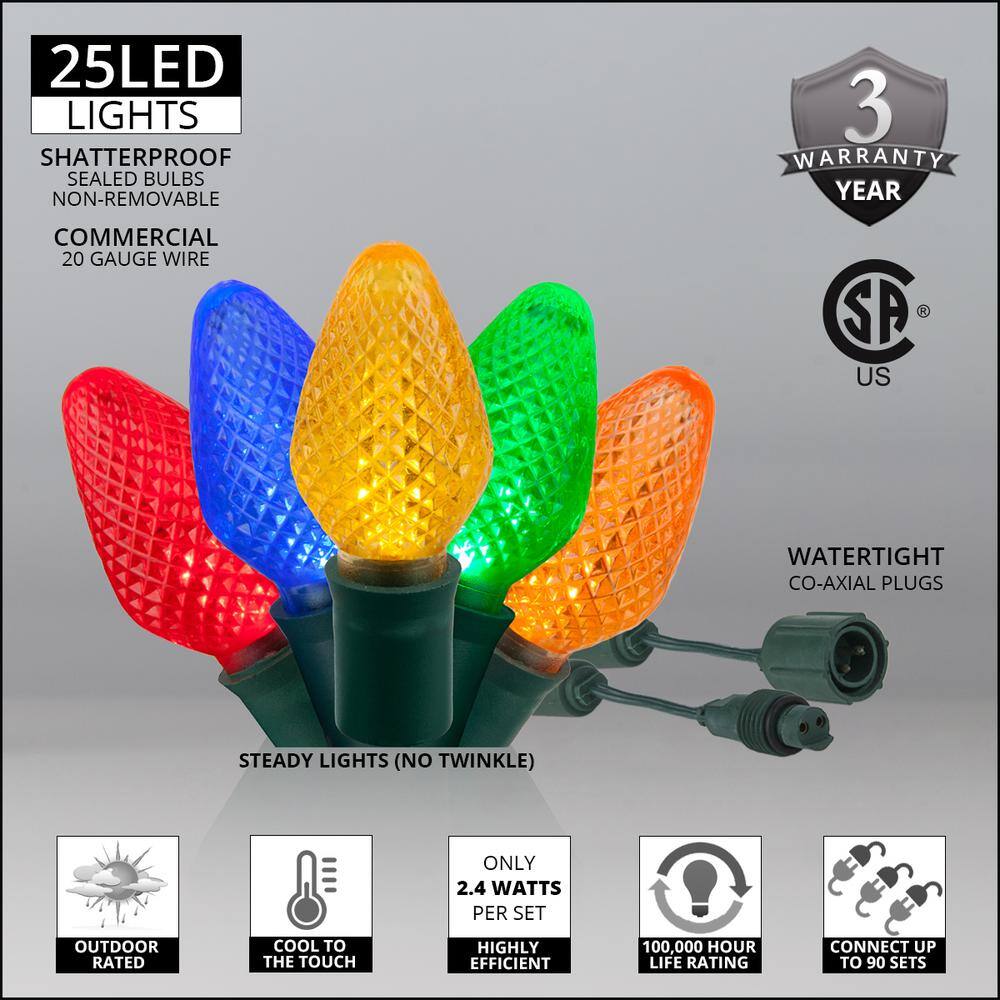 24 ft. 25-Light LED Multi-color Commercial C7 String Lights with Watertight Coaxial Connectors - Hercitys