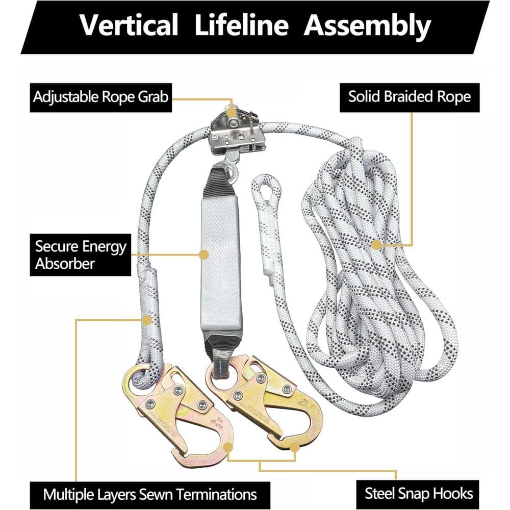 25 ft. Vertical Roofing Rope Harness Safety Lanyard Kit with Grab for Climbing and Fall Protection - Hercitys