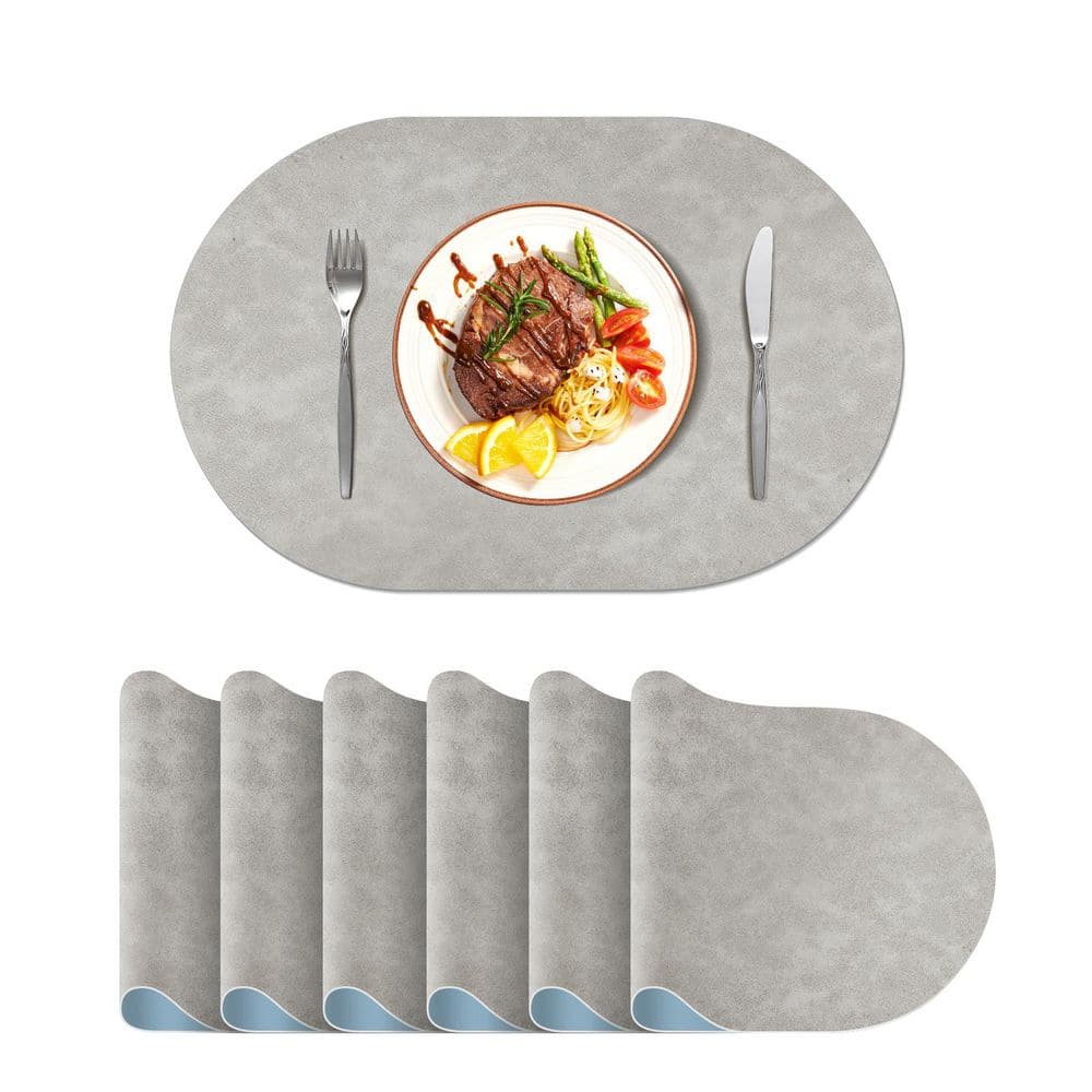 11.8 in. W x 17.5 in. H Light Grey Oval Leather Heat Resistant Waterproof Placemats (Set of 6) - Hercitys