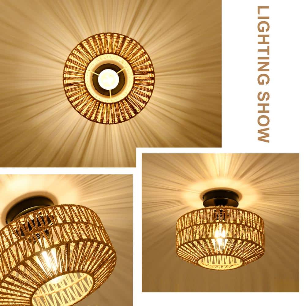 11.8 in. 1-Light Brown Rattan LED Semi-Flush Mount Light with Dimmable LED Bulb - Hercitys