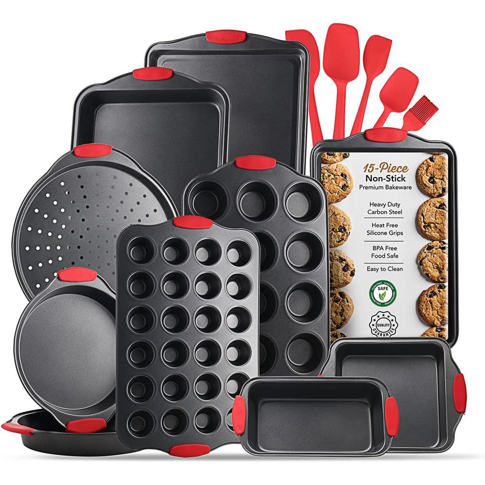 15-Piece Nonstick Black Steel Bakeware Set with Silicone Handles - Hercitys