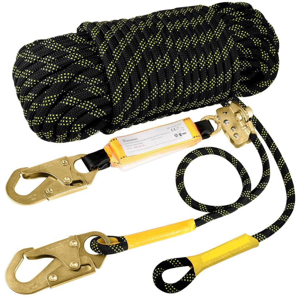 50 ft. Fall Protection Line Kit, Vertical Roofing Rope with Grab Snap Hooks Shock Absorber for Construction Workers Etc. - Hercitys