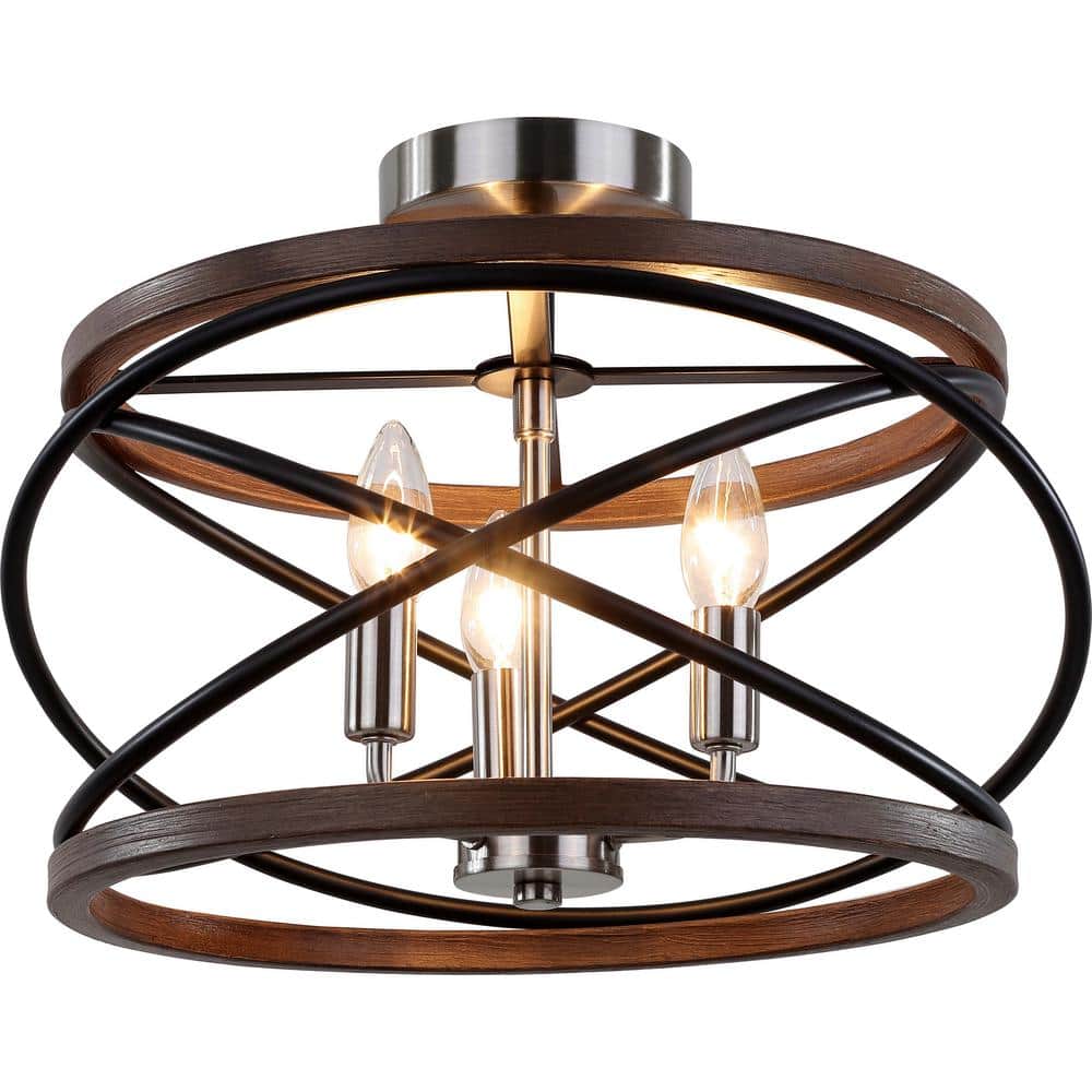 15.75 in. 3-Light Brushed Nickel and Walnut Ringed Candelabra Semi- Flush Mount - Hercitys