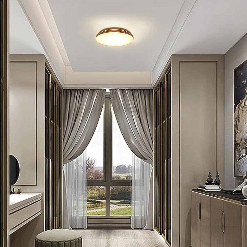 11.5 in. Round White with Faux Wood-Grain Trim Adjustable CCT 3000K/4000K/5000K Dimmable Flush Mount Light Fixture - Hercitys