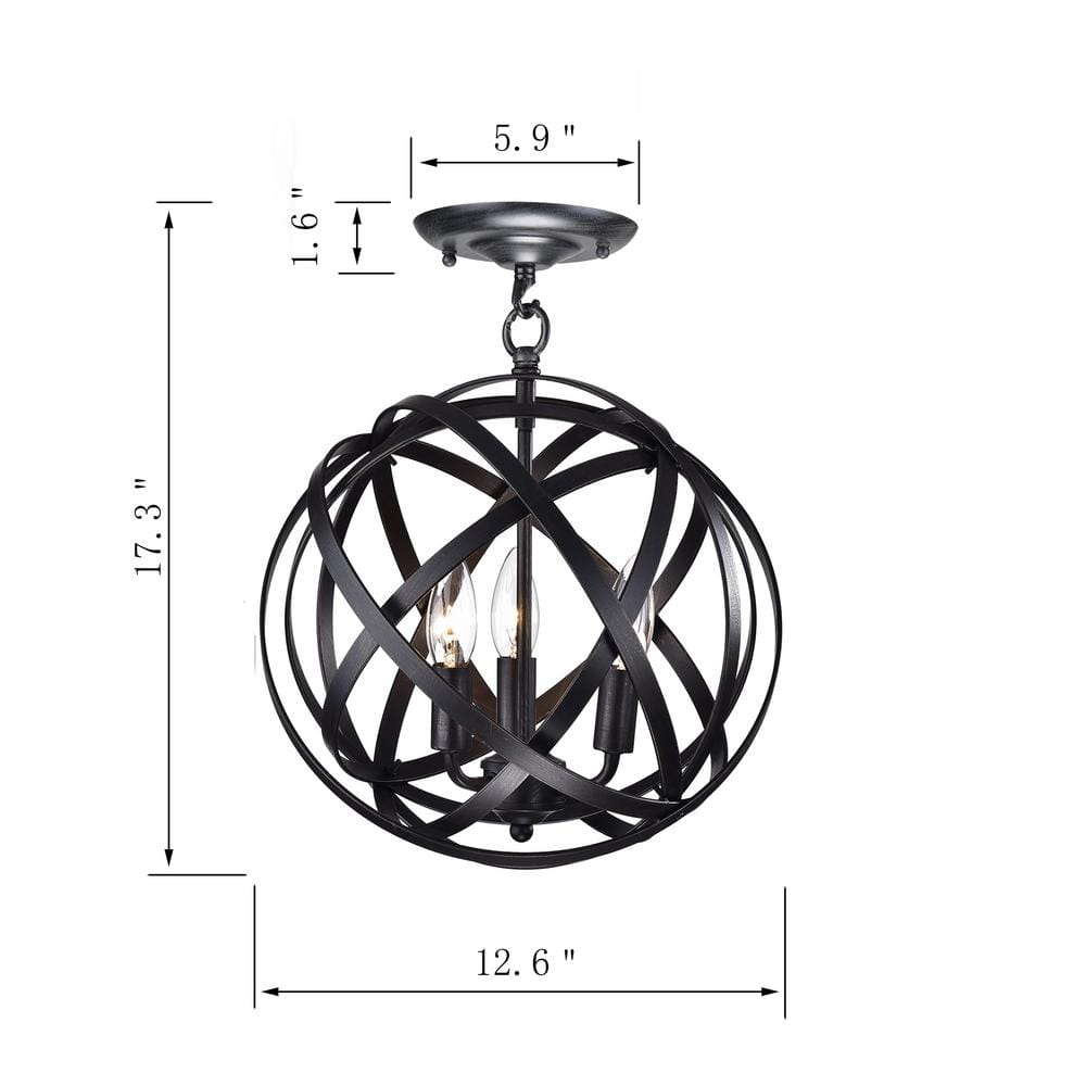 12.6 in. 3-Light Black and Brown finish Semi-Flush Mount Chandelier - Hercitys