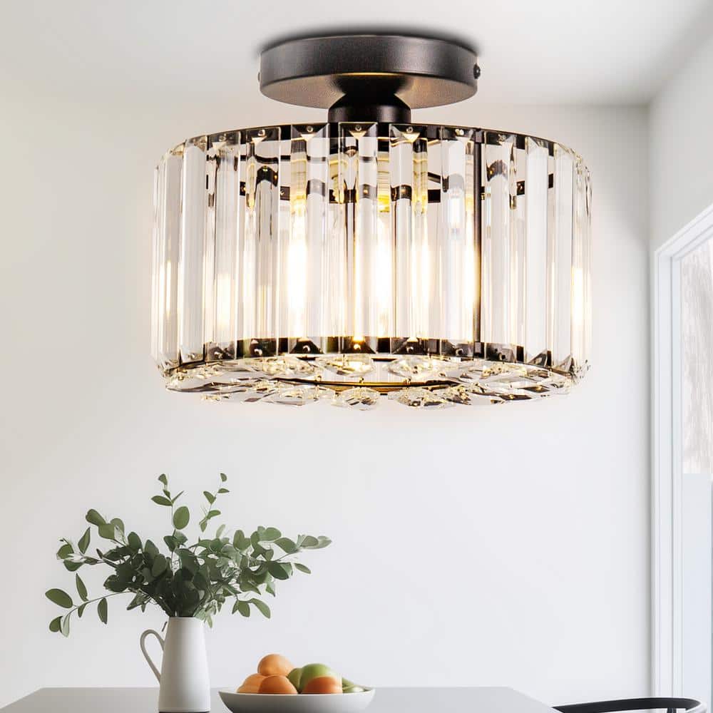 10 in. 1-Light Black Modern Semi-Flush Mount with Crystal Shade and No Bulbs Included - Hercitys
