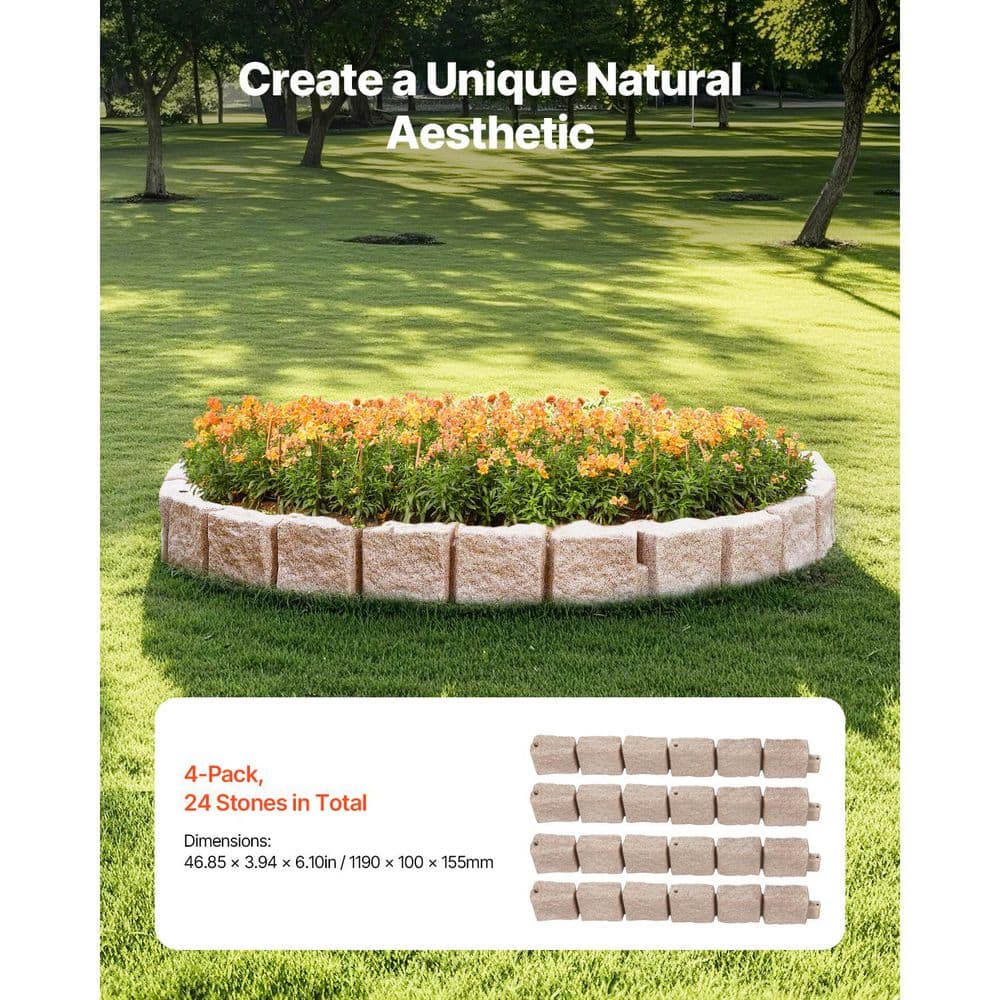 46.8 x 3.9 in. Beige Faux Stone Landscape Edging, Flexible Brick-Sized Garden Border with Anchoring Spikes Polyethylene - Hercitys