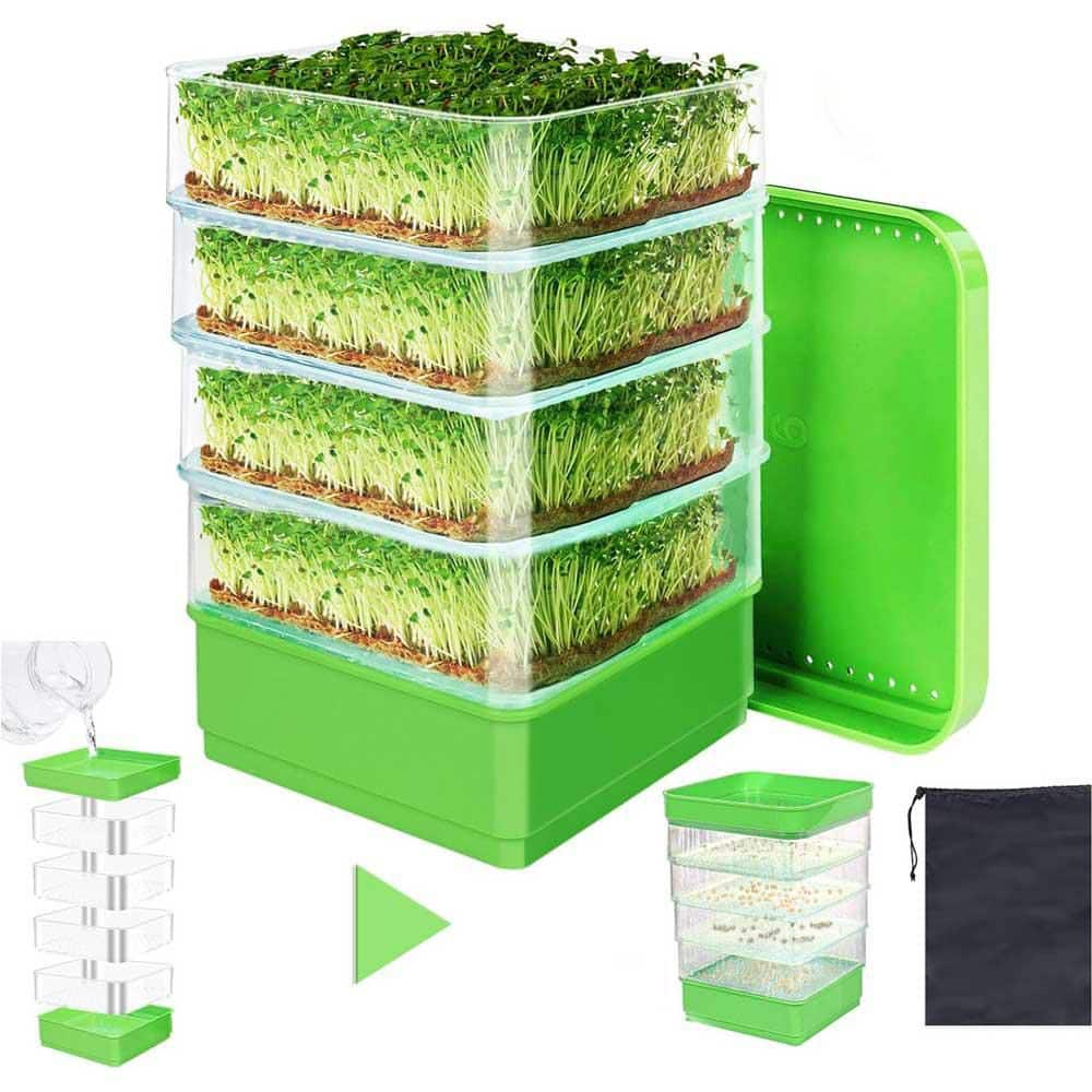 4-Tier Seed Sprouting Kit with Drain Holes and Tray, Stackable Microgreens Bean Sprouter Soil-Free Tray for Alfalfa - Hercitys