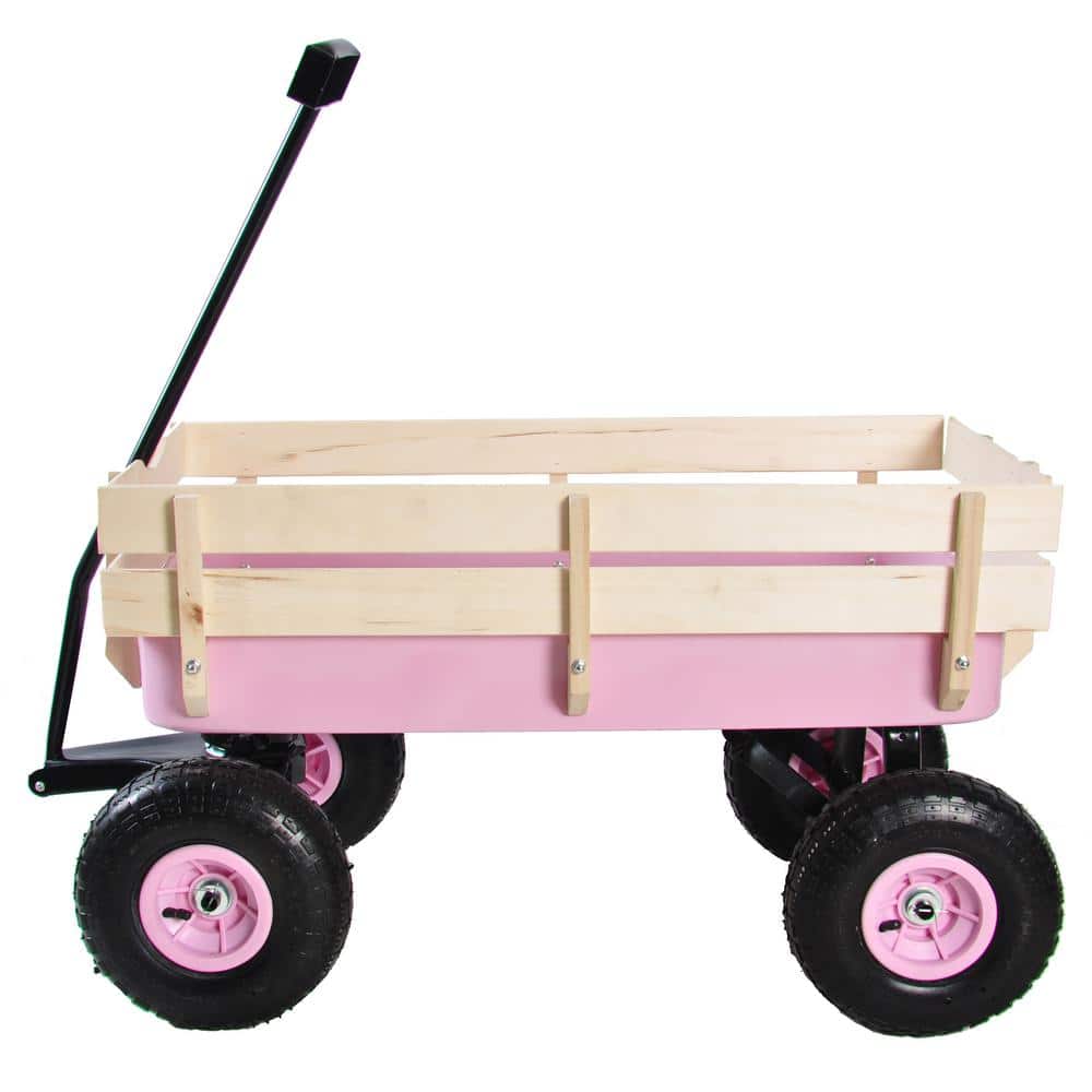3 cu. ft. Metal Outdoor All Terrain Pulling Garden Cart with Wooden Railings in Pink - Hercitys