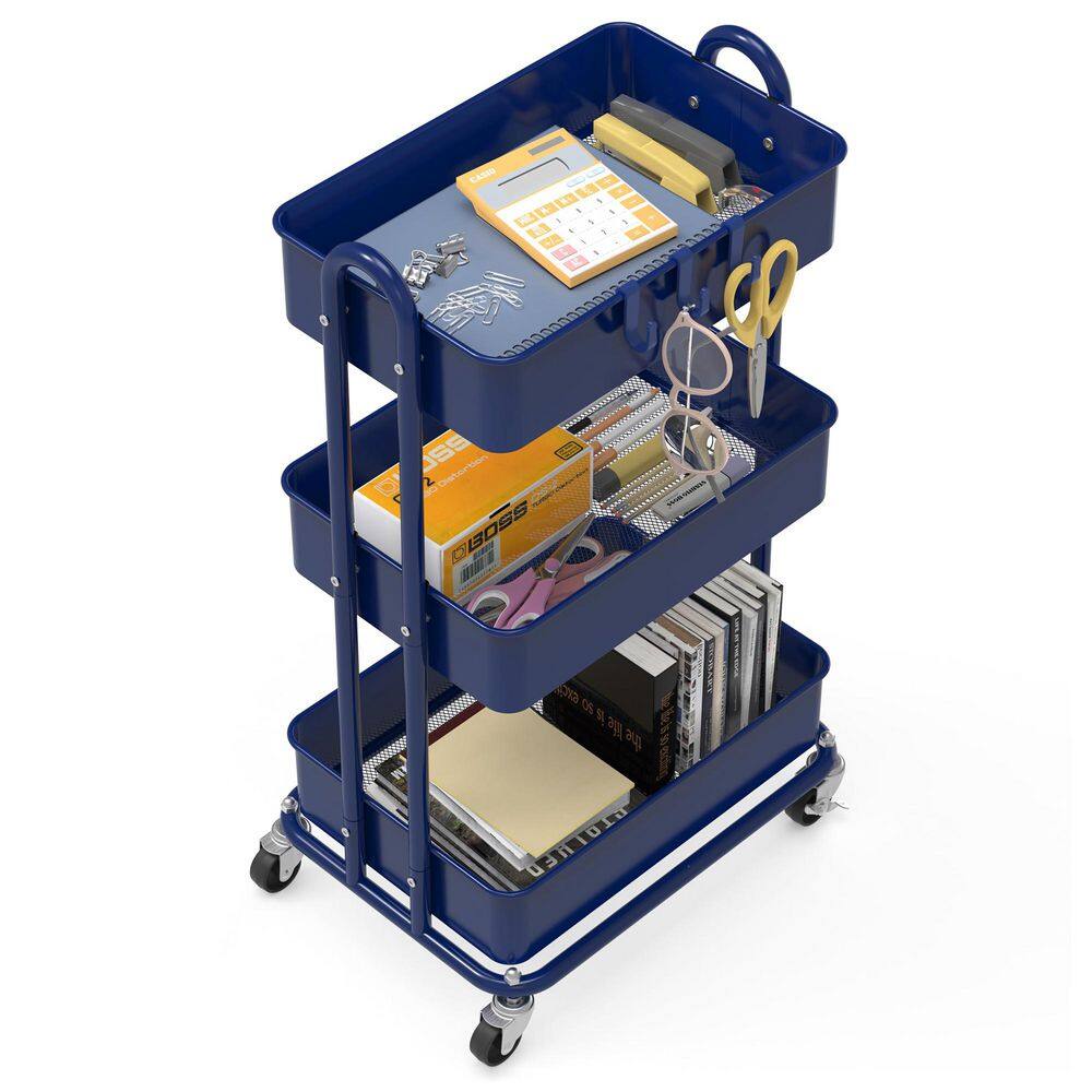 3-Tier Metal -Wheeled Utility Cart in Navy - Hercitys