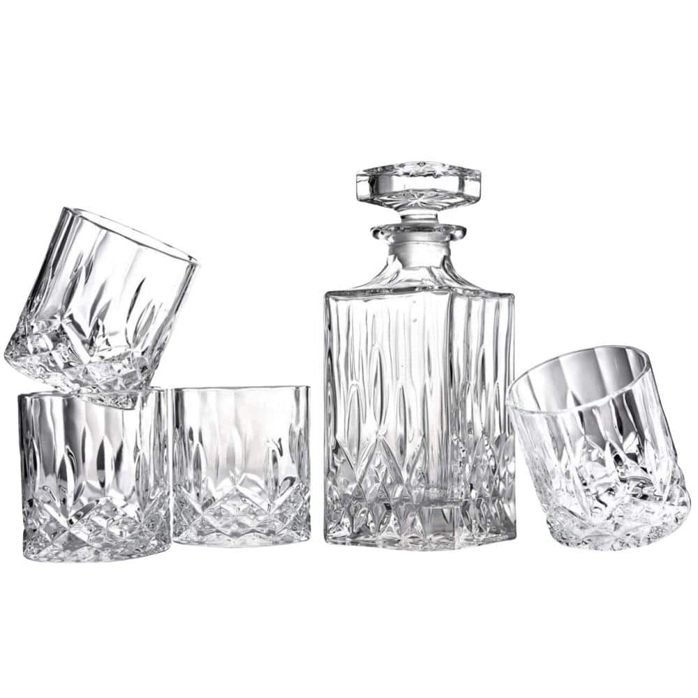 5-Piece Clear Crystal Whiskey Decanter Set with 4-Whiskey Glasses for Men - Hercitys