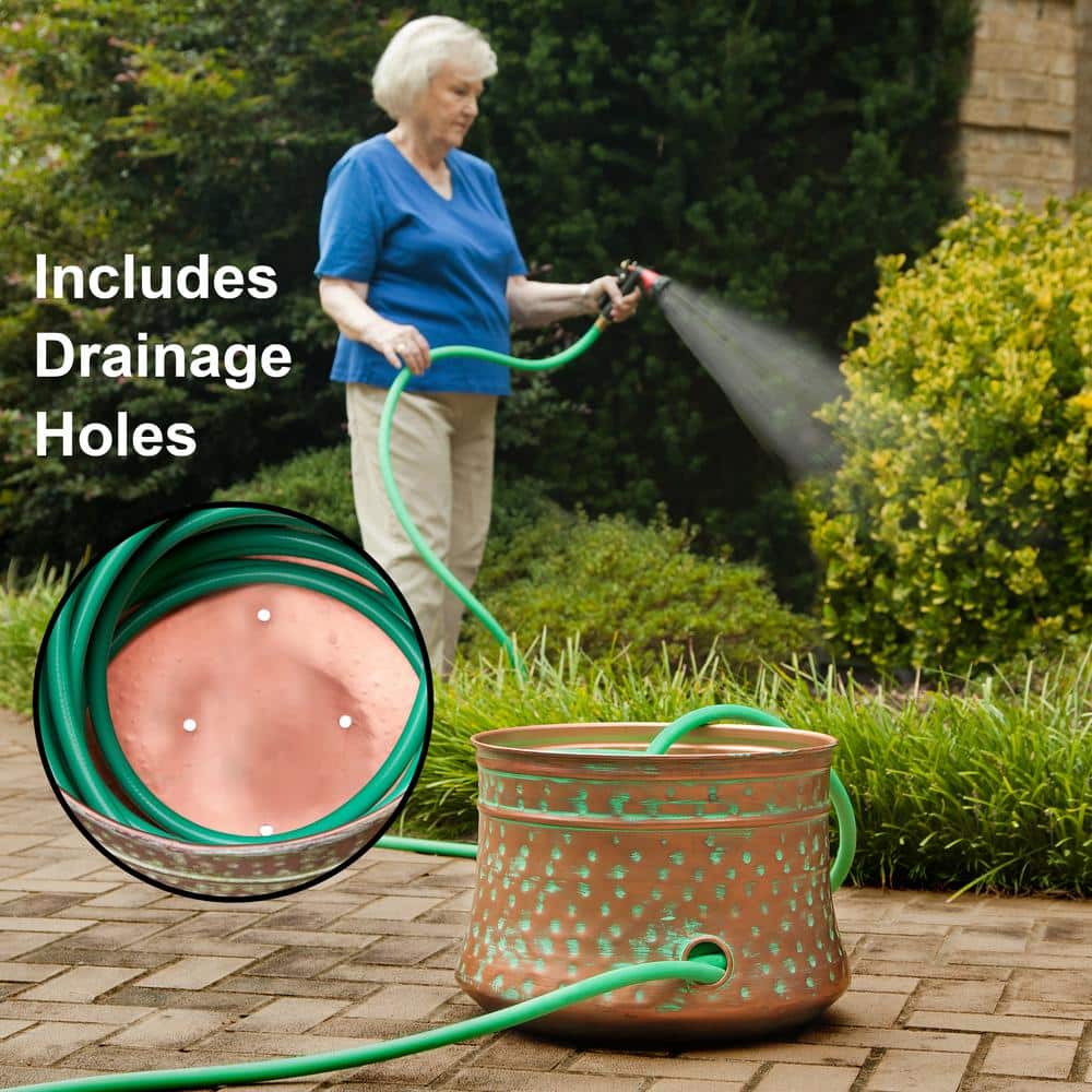 100 ft. Patina Steel Hammered Hose Pot Garden Hose Reel - Hercitys