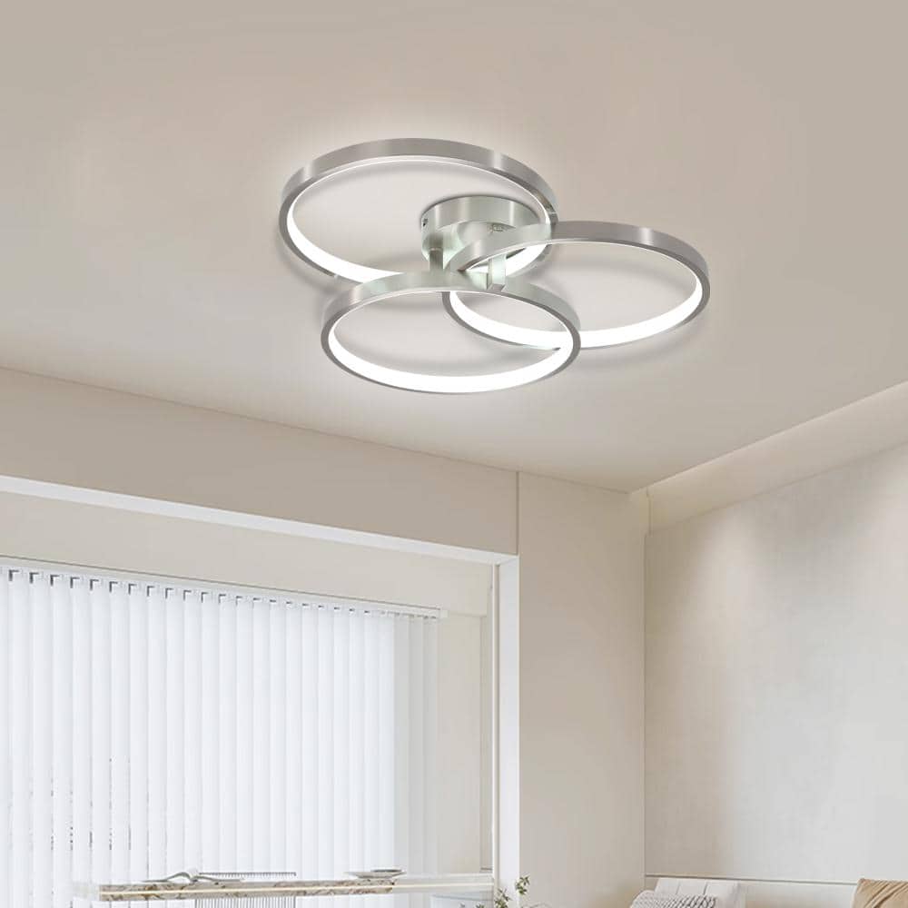 19.69 in. 22-Watt Modern Simple 3 Ring Design Chrome Integrated LED Flush Mount with White Acrylic Shade - Hercitys
