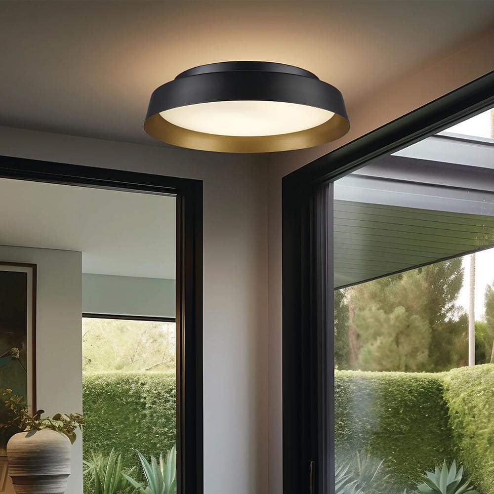13 in. Black and Gold Integrated LED Flush Mount Ceiling Light with Frosted Glass - Hercitys