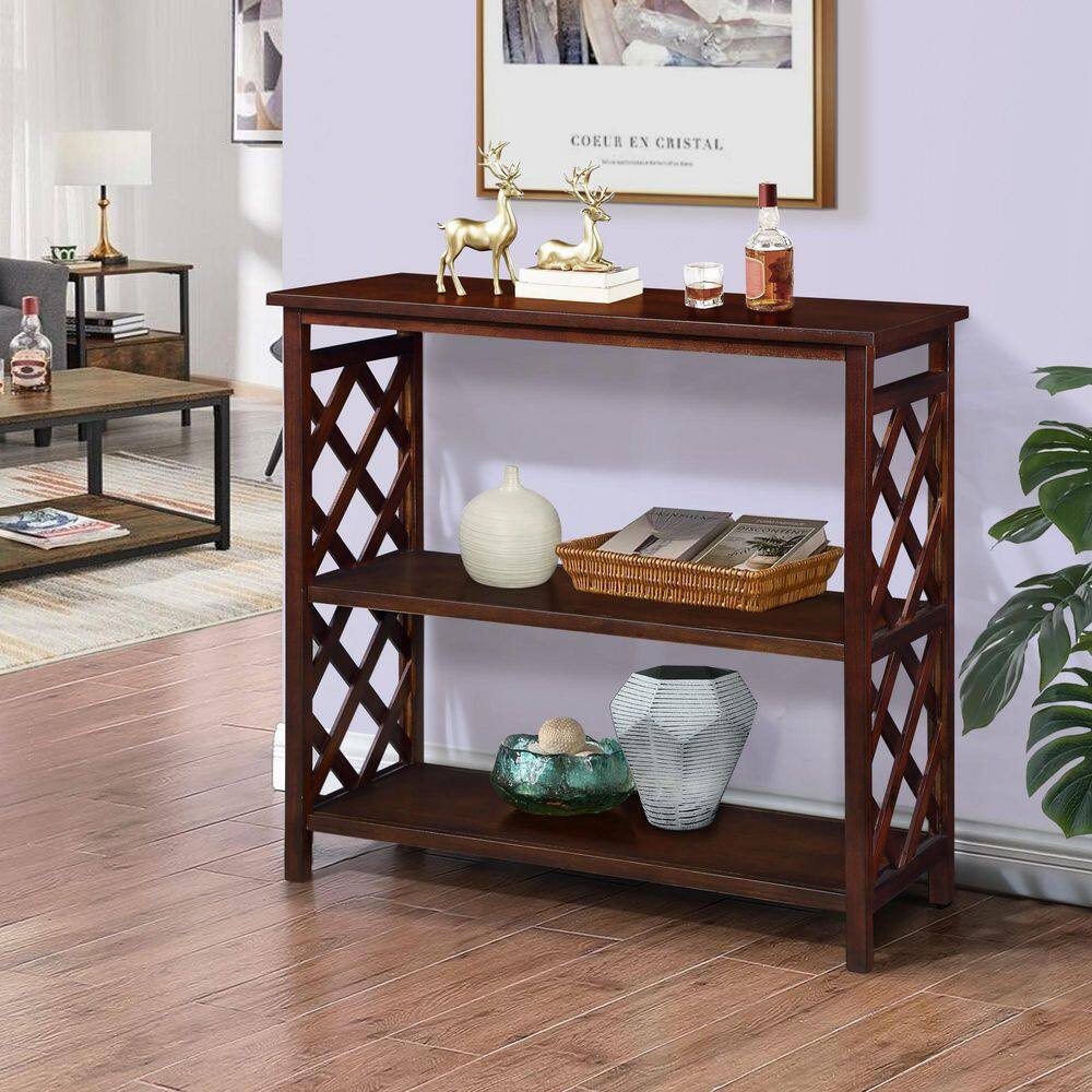 3-Tier Kitchen Pantry with Storage Shelves, Console Table, Open Bookshelf with Solid Wood Legs for Living Room, Cherry - Hercitys