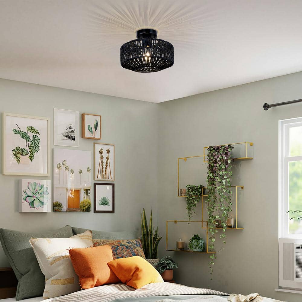 12 in. 1-Light Bohemian Black Rattan Black Semi Flush Mount Ceiling Light for Dining Room Foyer Entrance Kitchen Bedroom - Hercitys