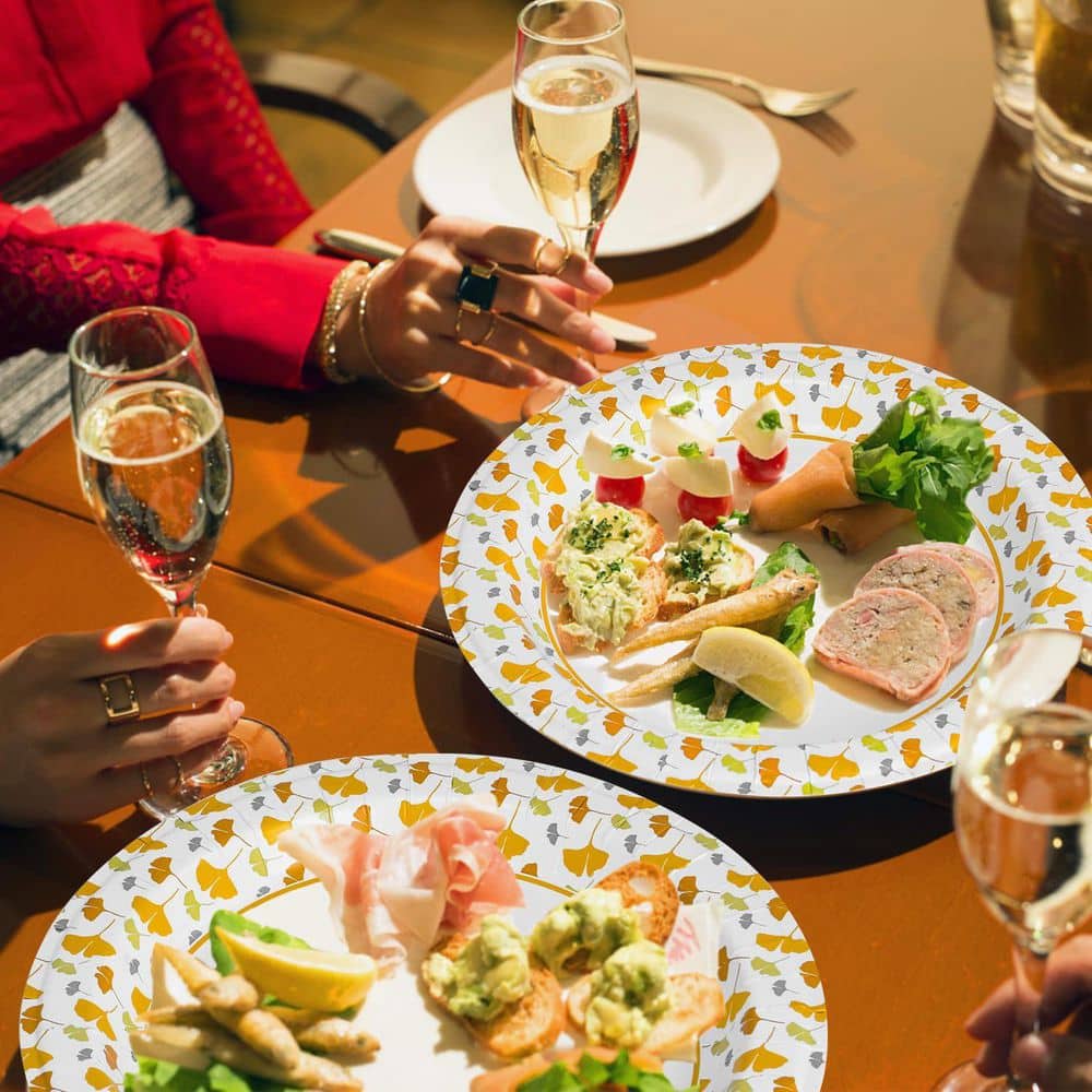 10 in. Disposable Paper Plates with Ginkgo Design, 300 Count Bulk Pack - Hercitys