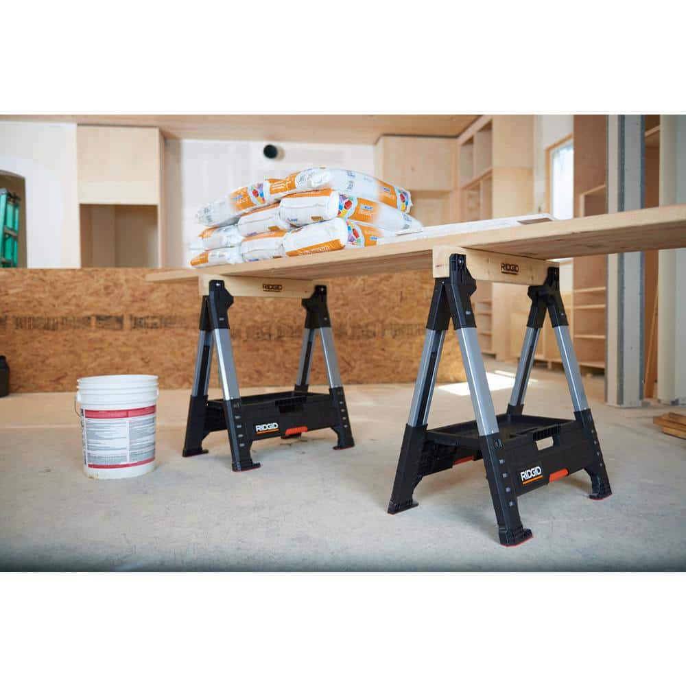 32 in. Polypropylene Folding Sawhorse with Adjustable Heavy Duty Metal Legs, 3000 lbs. Capacity, and Under Storage Space - Hercitys