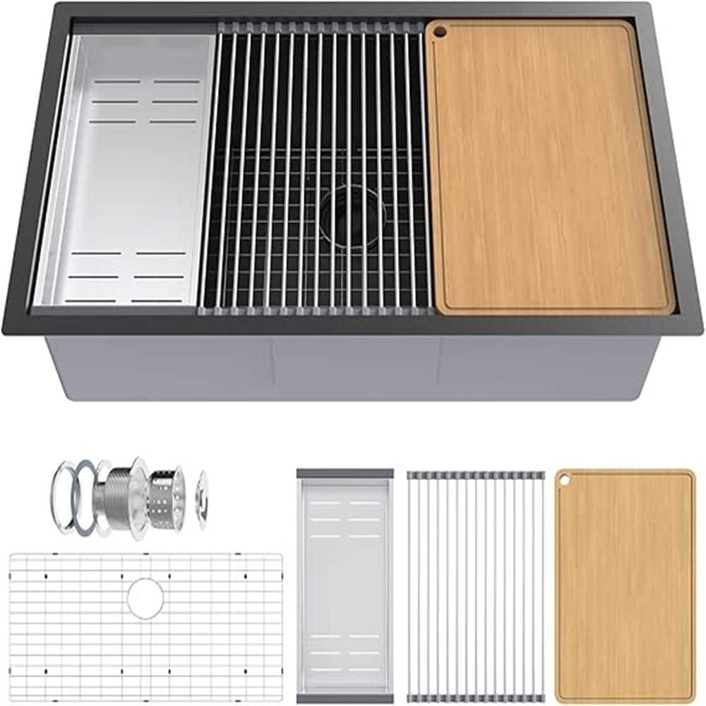 30 Inch Single Bowl Drop-in Stainless Steel Integrated Ledge Multifunctional Workstation Sink Set in Black - Hercitys