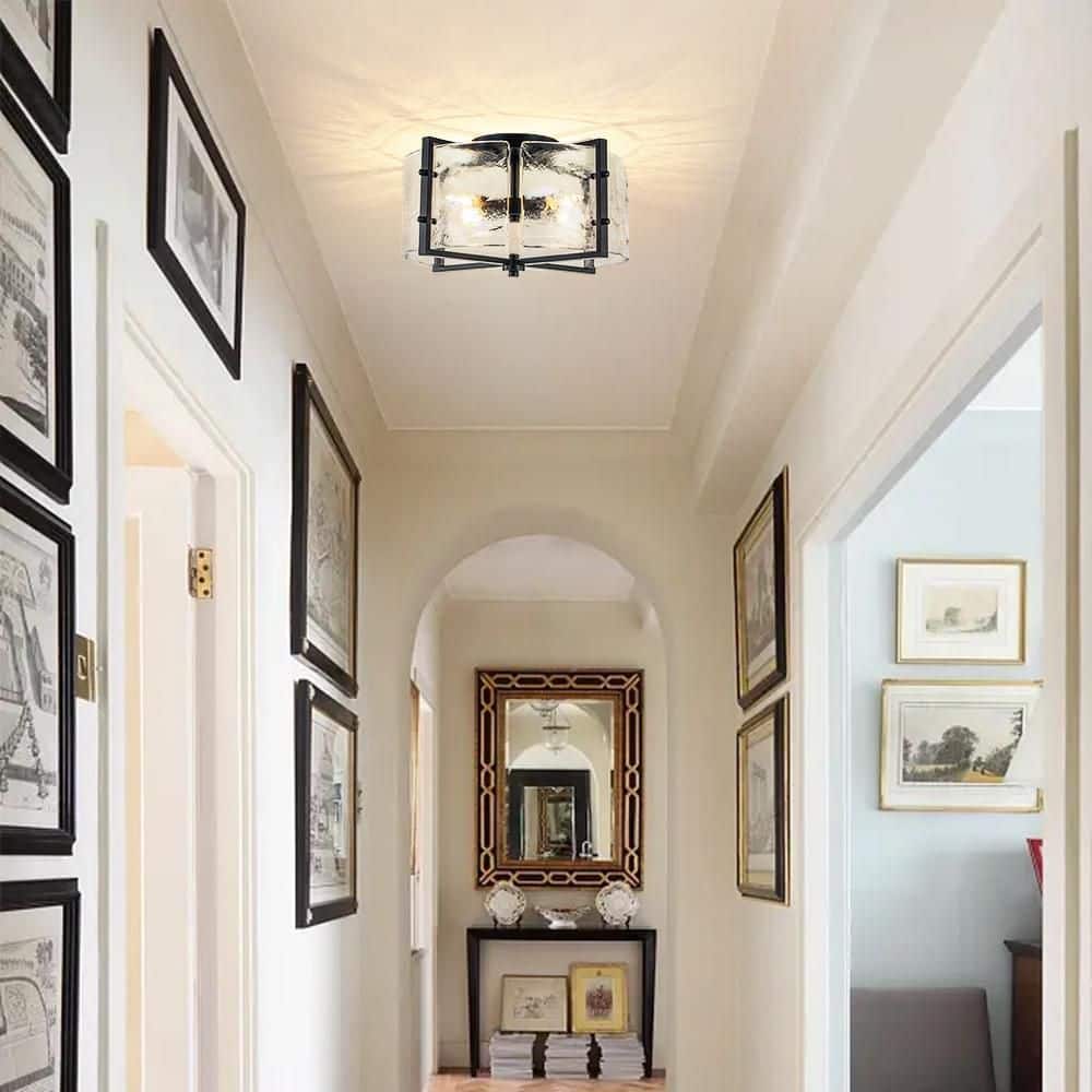 16.73 In. 4-Light Matte Black Modern Ceiling Light Semi-Flush Mount Fixture With Curved Textured Glass Shade - Hercitys