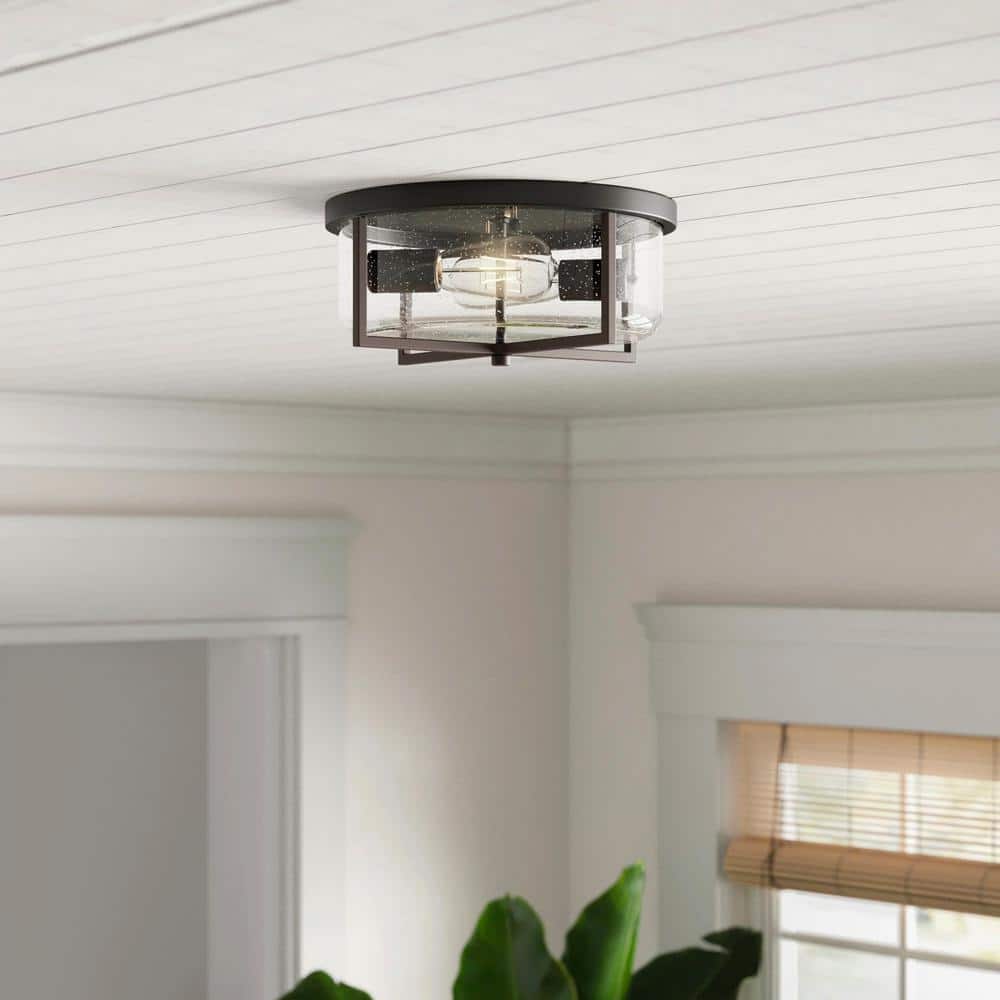 11.8 in. 2-Light Farmhouse Flush Mount Ceiling Light Fixture with Seeded Glass Shade - Hercitys