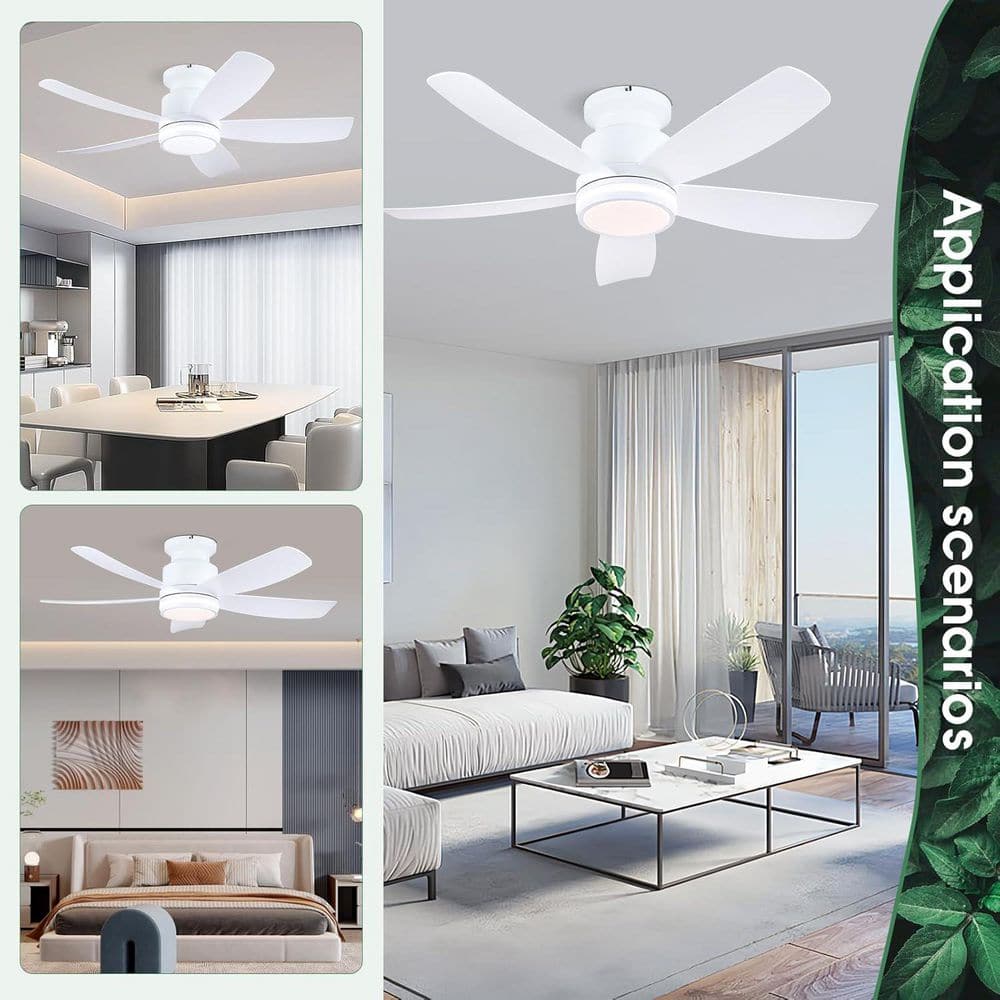 41 in. Indoor/Outdoor Flush Mount White Ceiling Fan with Dimmable 3 Color LED Light and Remote/APP Control - Hercitys