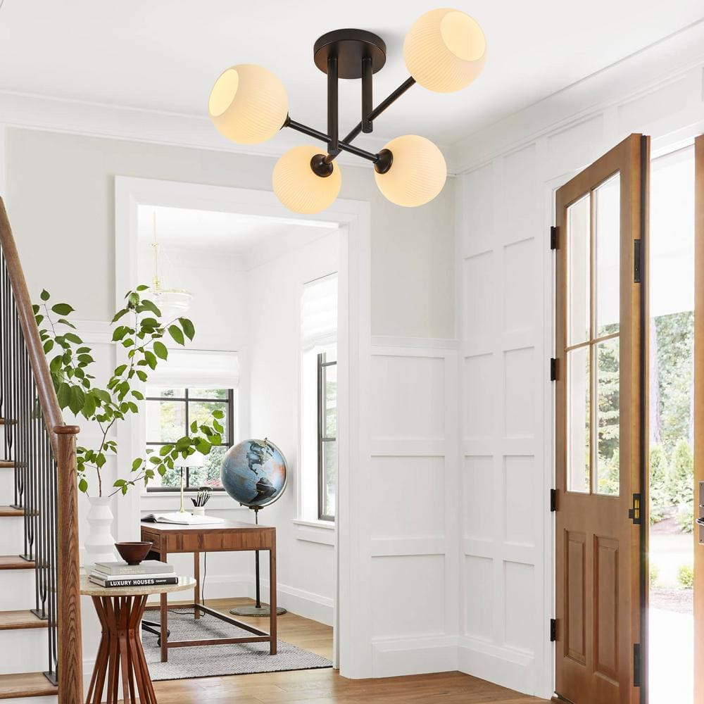 23 in. 4-Light Black Semi-Flush Mount with Frosted Opal White Ribbed Glass Shade - Hercitys