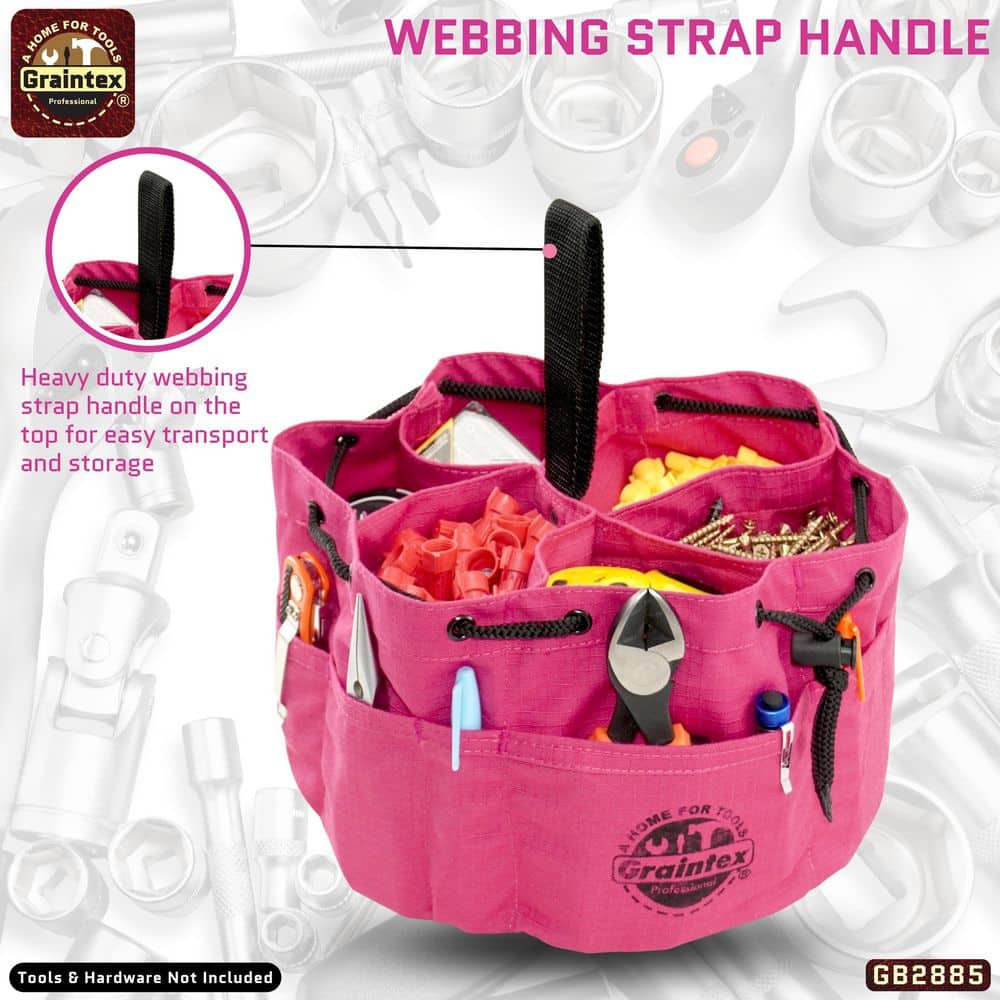 10 in. 18-Pocket Grab Tool Bag with Drawstring Closure in Pink Canvas - Hercitys